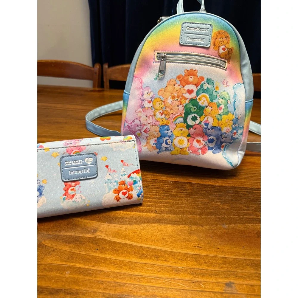 Loungefly Care Bears Hello Kitty Mini Backpack Wallet Set Blue Rainbow Excellent